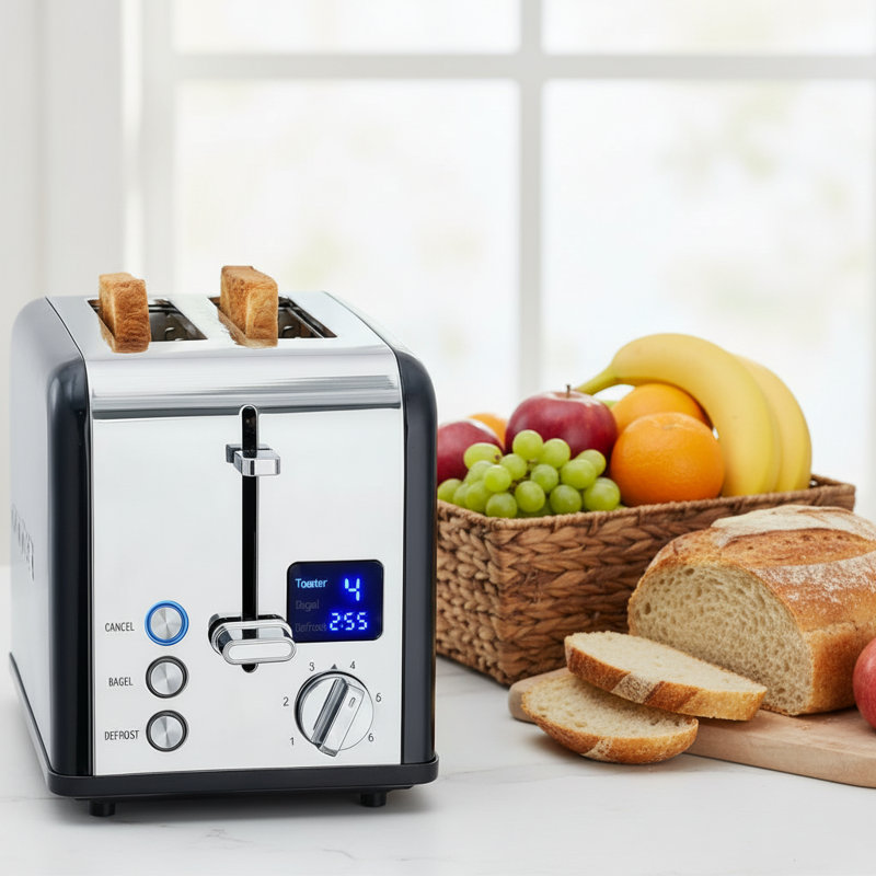 This Black Stainless Steel Double-Slice Toaster Features A Large, Clear LED Screen, A Wide Slot With 6 Temperature Settings, A Full Range Of Functions, And A Removable Crumb Tray For Easy Cleaning.