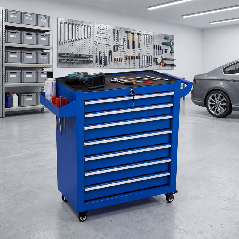  7 Drawer Rolling Tool Cabinet with Lockable Storage and Wheels, Blue