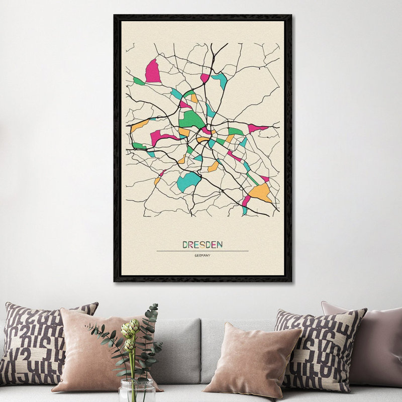 Dresden, Germany Map by Ayse Deniz Akerman - Floater Frame Print on Canvas