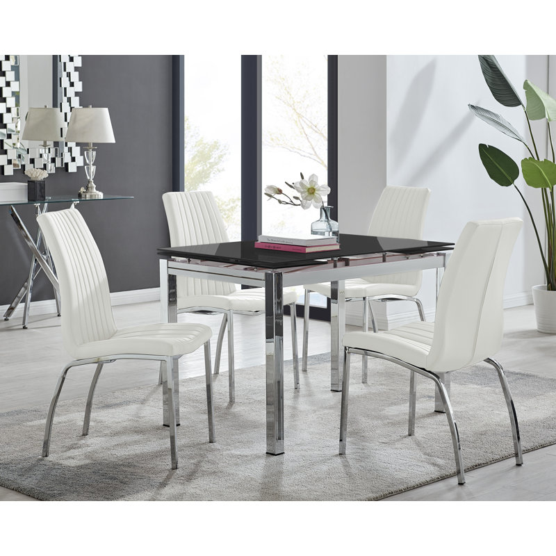 Tierra Modern Glass & Metal Extendable Dining Table Set & 4 Luxury Faux Leather Dining Chairs, White/Chrome
