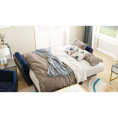Chaise convertible rembourrée en bleu + microfibre avec rangement, revêtement à 3 places, transformation du canapé-lit de 80,3 po x 68,8 po, limite de poids de 1 000 lb, coussins épais et fermes, conception en acier métallique, charge
