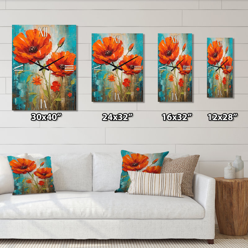 «Blossoming Poppes Sky», peinture d'horloge murale surdimensionnée, Médium
