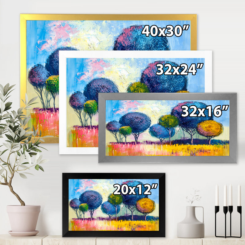 Autumn Fantasy Trees III - peinture sur toile, Cadre photo argenté, H 30 po x l 40 po x 1,5 po