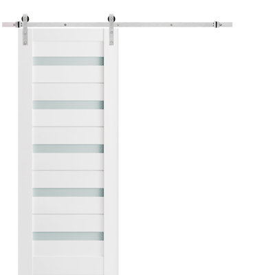 Porte de grange robuste en verre dépoli Quadro 4445 Blanc Soie, rail de 2 m (6,6 pi), quincaillerie lourde, porte intérieure à panneau plein - 71 cm x 203 cm (28 po x 80 po) - Rail argenté