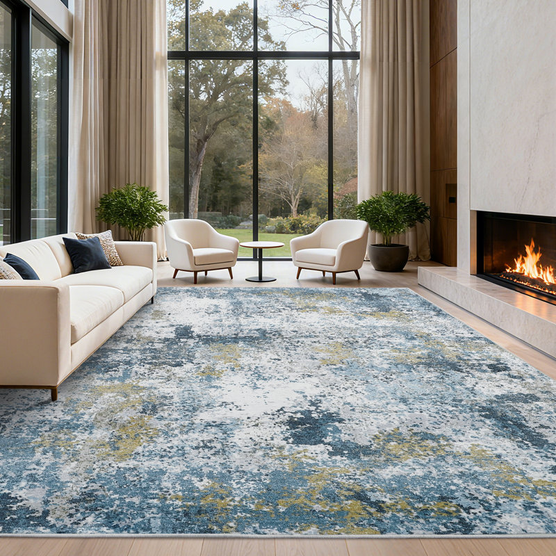 Modern Washable Rug 10x13 Contemporary Abstract Rug Non Slip TPR Backing Non Shedding Floor Covering Foldable Mat for Open Spaces Office Blue