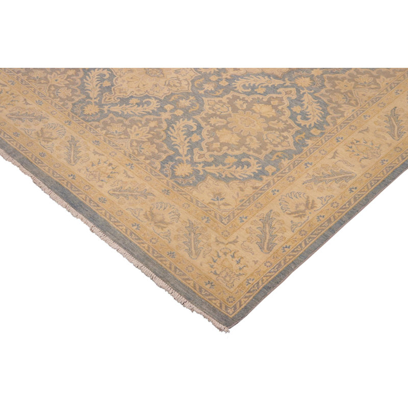 Tapis décoratif de laine noué à la main de conception unique Ziegler Kafkaz bleu/beige 9 pi 10 po x 13 pi 8 po Baccio
