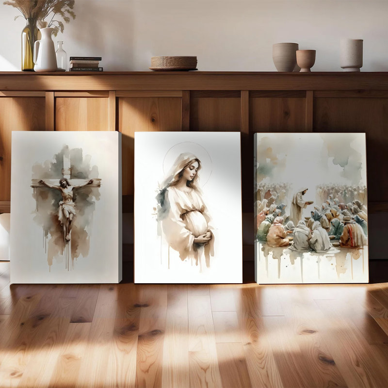 Ensemble de 3 affiches murales encadrées, tableaux religieux chrétiens sur toile, style aquarelle : Jésus en croix, la Vierge Marie et la Cène. Décoration pour salon, chambre ou église.