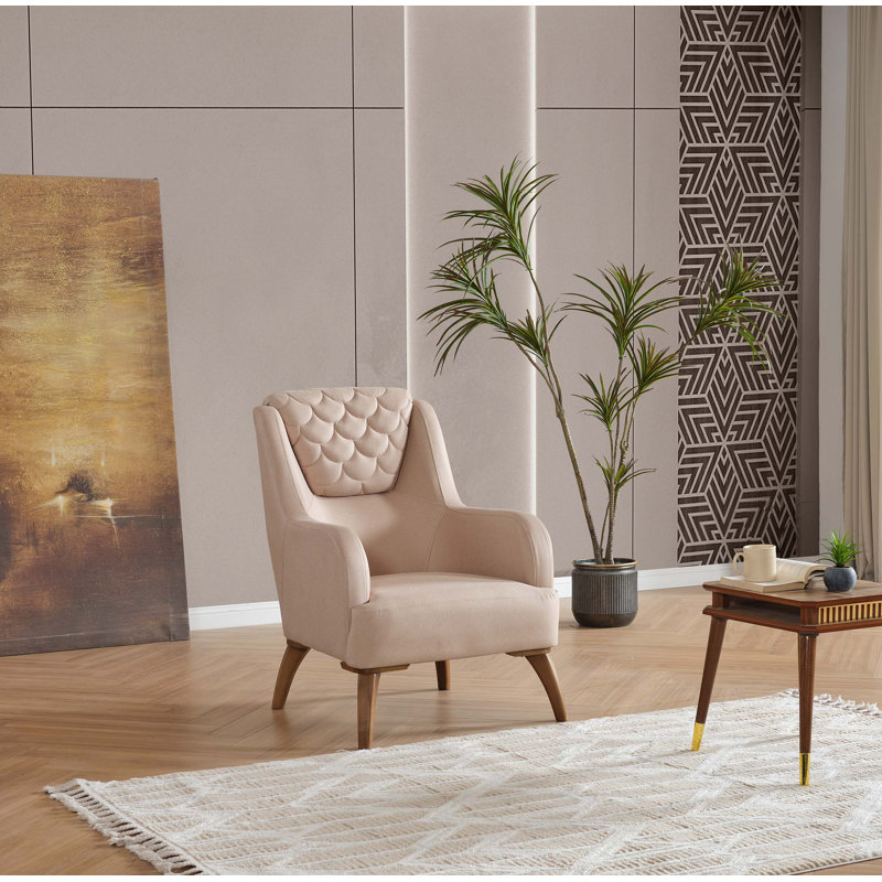 Chaise d'appoint moderne rembourrée avec dossier touffeté sculpté, pieds en bois massif, Beige