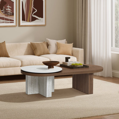 Table basse de style travertin moderne 47,2 po, table basse géométrique ovale à finition noyer