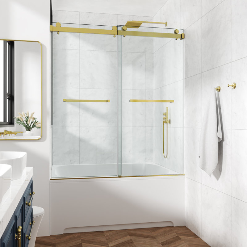 68-73" W x 66" H Frameless Double Sliding Tub Door with 3/8" (10mm) Clear Tempered Glass, Shatter-Resistant Film & Installation Hole Locator