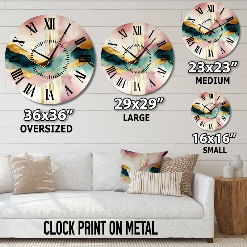 Horloge murale abstraite à géométrie géométrique rose et vert III, Médium