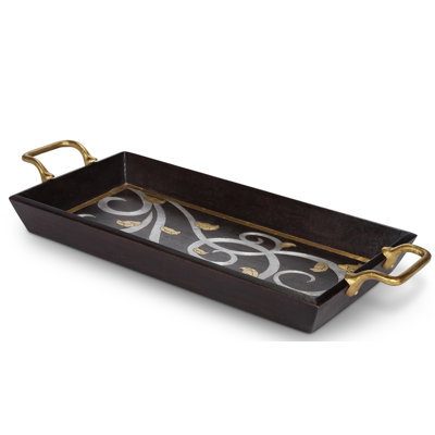 29-Inch Long Gold Leaf Rectangular Mango Wood Tray with Gold Handles