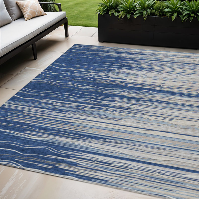5' X 8' Navy Blue Striped Washable Indoor Outdoor Area Rug