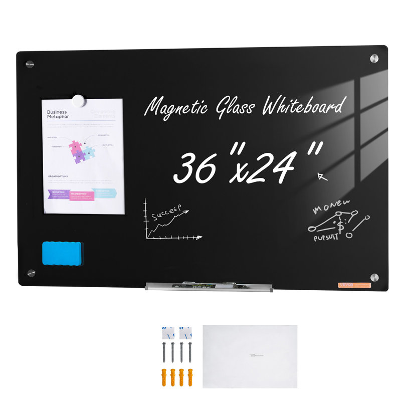 Black Frameless Magnetic Glass Whiteboard 36" x 24"
