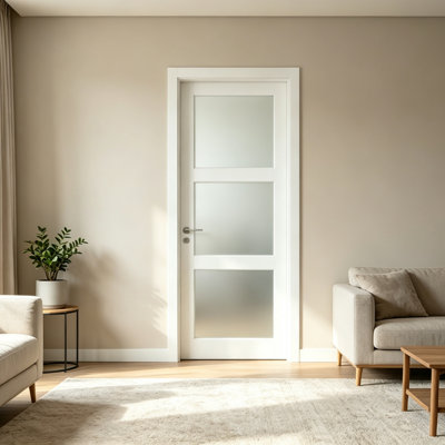 30" x 80" 3‑Lite French Interior Door Slab, Tempered Frosted Glass Solid Core Door, Unfinished Pre‑Primed Door Panel for Pantry, Pocket Door, No Hardware & Frame Included