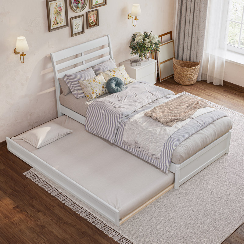 Lit plateforme en bois massif Lamareon avec pied de lit et lit gigogne, Simple TG, Blanc