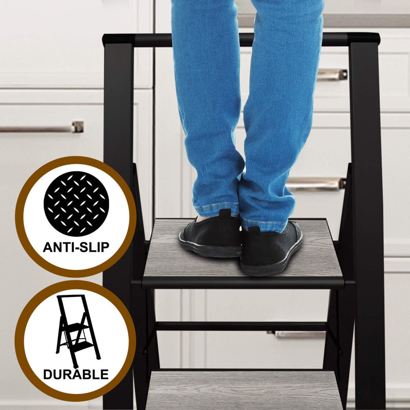 3-Step Black and Gray Steel Foldable Step Ladder