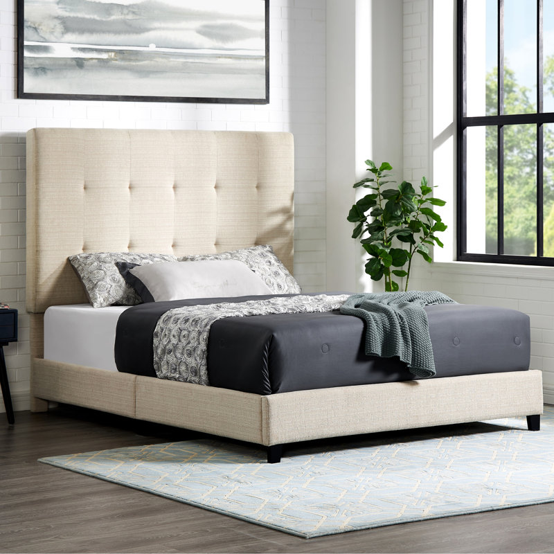 Lit tapissier beige avec 3 lattes de soutien et cadre emboîtable moderne en mousse