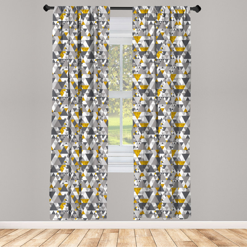 Rideaux 4 panneaux Red Barrel Studio® gris-jaune, triangles Zig Zag, souci gris anthracite, L 56 po x L 95 po