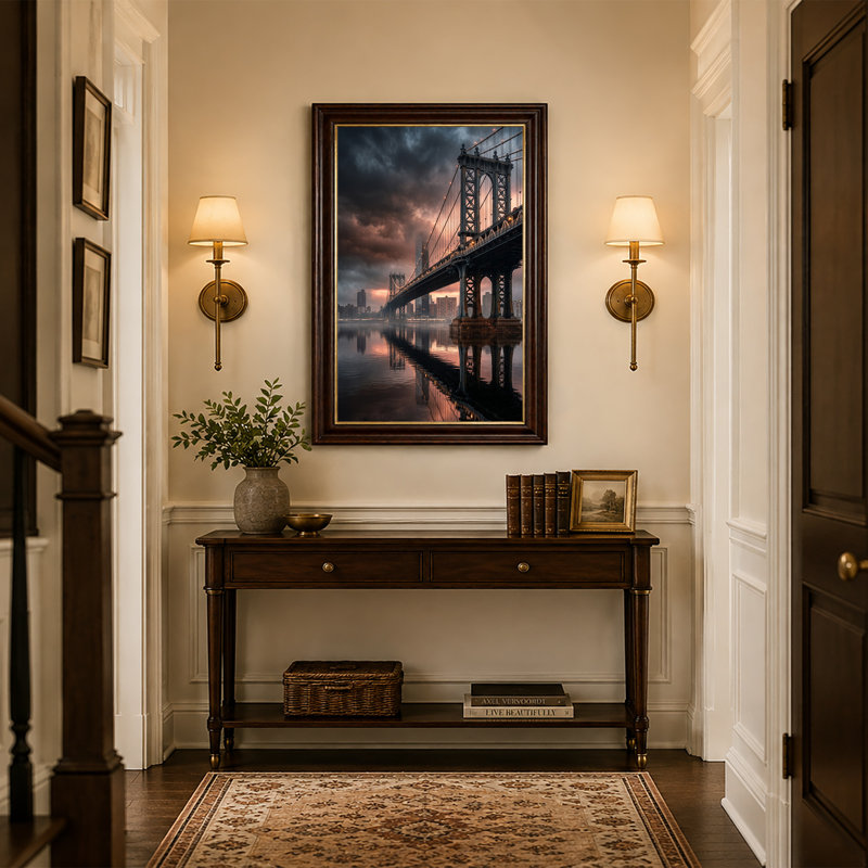 «Suspension Bridge Over Water with City Skyline», art mural, H 18 po x l 12 po