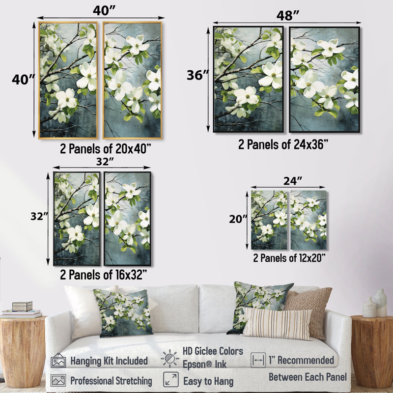 Style Dogwood - impressions sur toile vertes, 36" H x 48" W, Impression encadrée flottante, Black