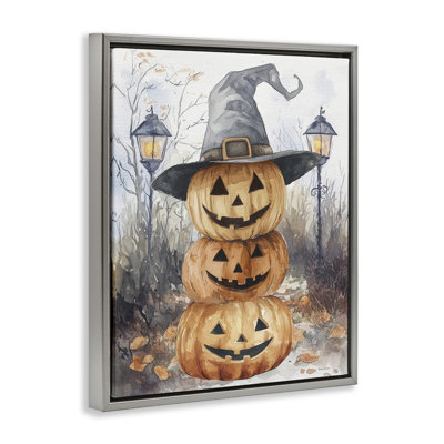 Jack-o-lanternes empilées avec cadre flottant de chapeau de sorcière, design par Nicole DeCamp