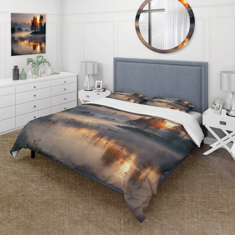 Ensemble de housse de couette en microfibre / polyester Morning Fog Over The Lake Sunset Bedding