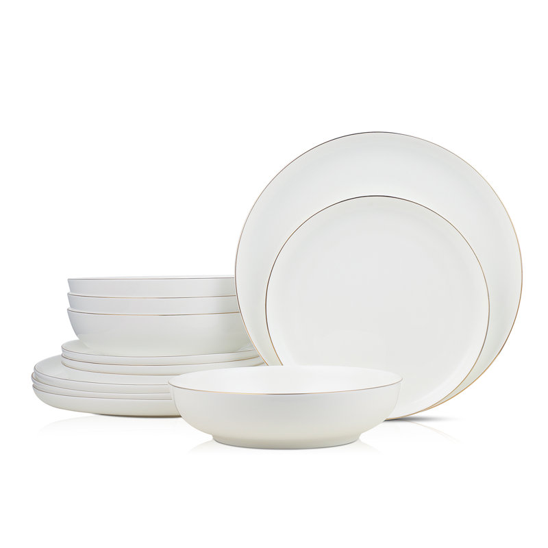 Sable Stone Lain 12-Piece Dinnerware Set Bone China, White/Gold