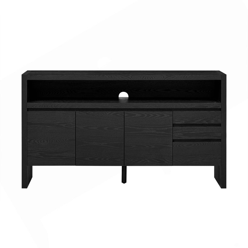 Modern Ash Veneer MDF Sideboard With Drawers And Semi-Open Shelf For Living Room, Hallway, Or Dining Room Storage, Black