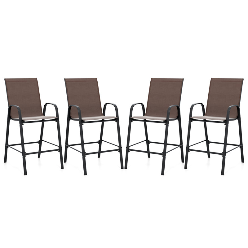 4PCS Outdoor Bar Stools 29'' Fabric Bar Height Stools w/ Armrests & Footrest Brown, Brown