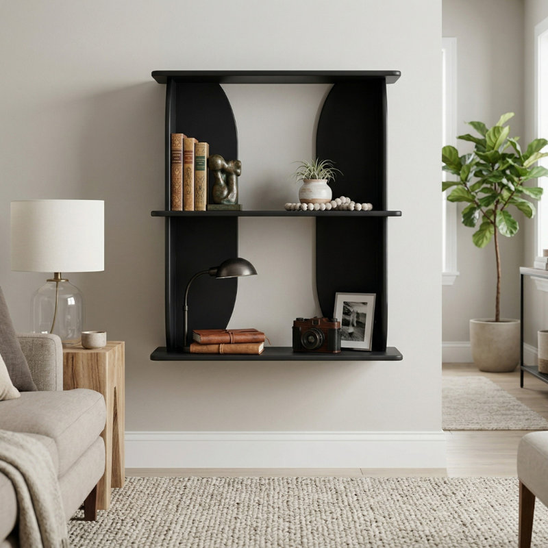  Bibliothèque moderne entièrement assemblée Albany Living, bibliothèque ouverte en bois massif avec panneaux latéraux incurvés, rangement multi-tablettes, noir