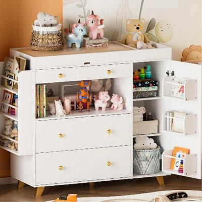 Changing Table With 3 White Drawers And Wide Top, - Crafted For Durability, 54" Vanity 12 Drawer Cabinet, Adjustable Brightness Open Shelves Bedroom S