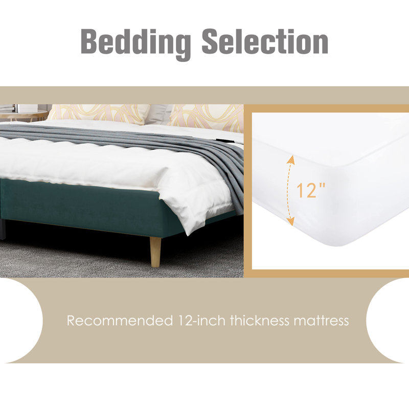 King Green Velvet Upholstered Platform Bed with Wingback Headboard