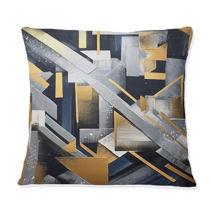 Coussin décoratif imprimé de formes abstraites dorées et grises III