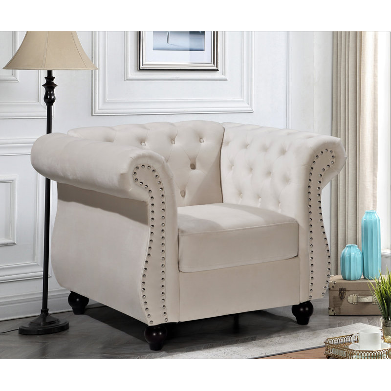 Feldt Velvet Chesterfield Chair, Ivory