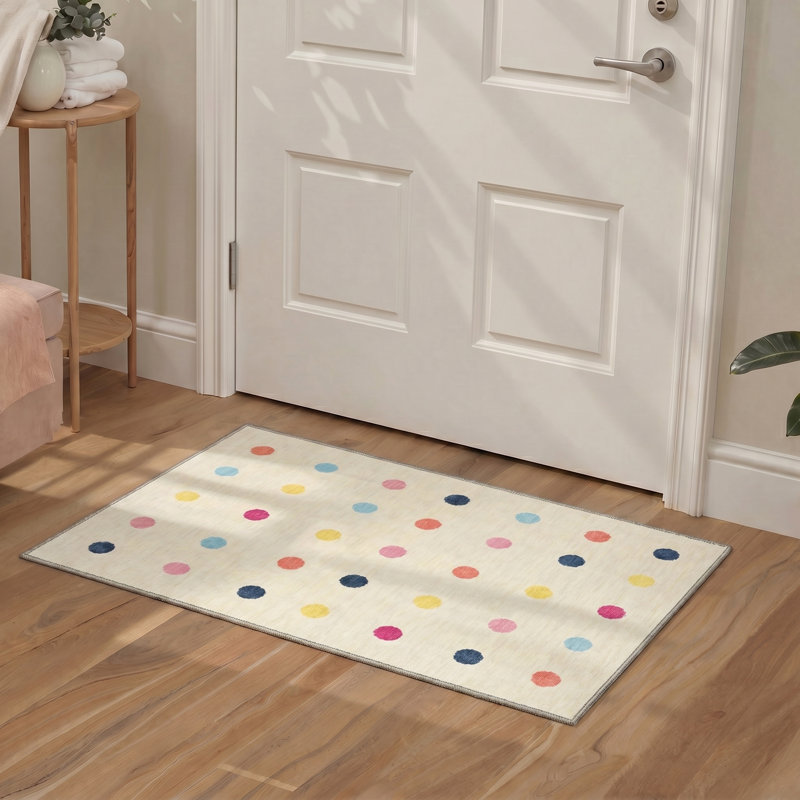 Modern Playful Multicolor Watercolor Polka Dot Cream Area Rug Machine Washable Non Slip Dot Indoor Floor Carpet, Round 5'