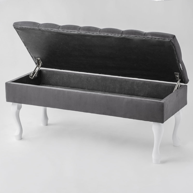 Velvet Upholstered Storage Bench, Graphite, H44 x W100 x D35cm