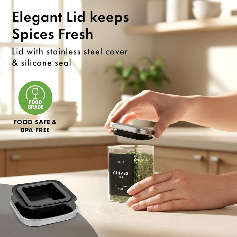 Ensemble de 12 pots à épices carrés en verre de 6,4 oz avec couvercles en acier inoxydable, ensemble de rangement pour épices avec entonnoir et 160 étiquettes de qualité supérieure pour l'organisation du garde-manger