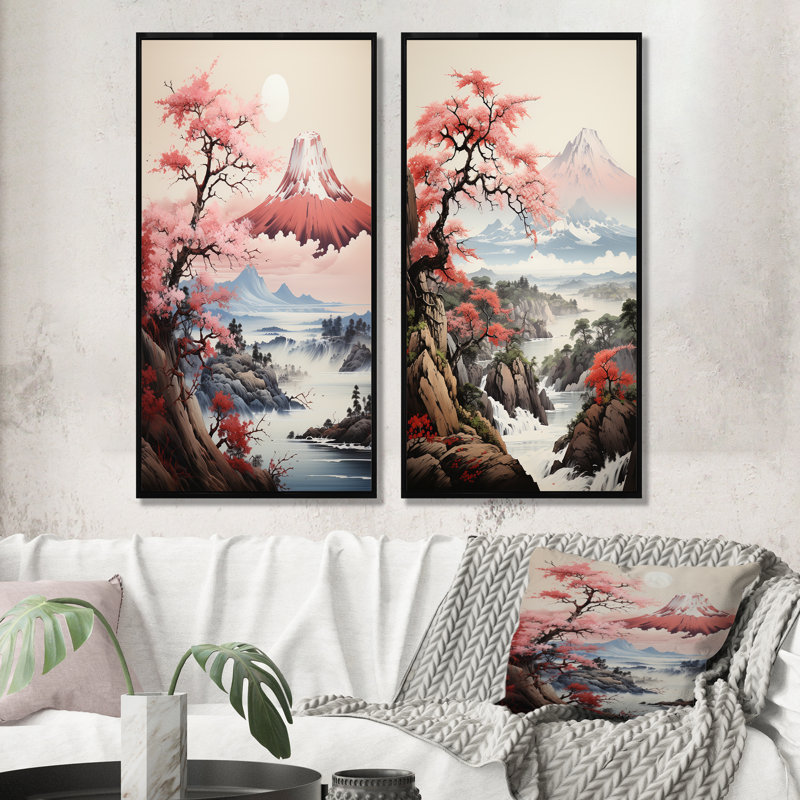 Rose, Japon, montagne, printemps, cerisiers en fleurs, ensemble de 2 impressions sur toile japonaises, Cadre flottant noir