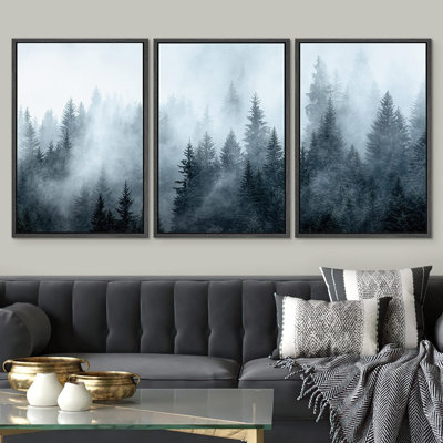 «Winter Fog Mist Pine Tree Mountain Forest Nature Wilderness», reproduction sur toile 3 pièces