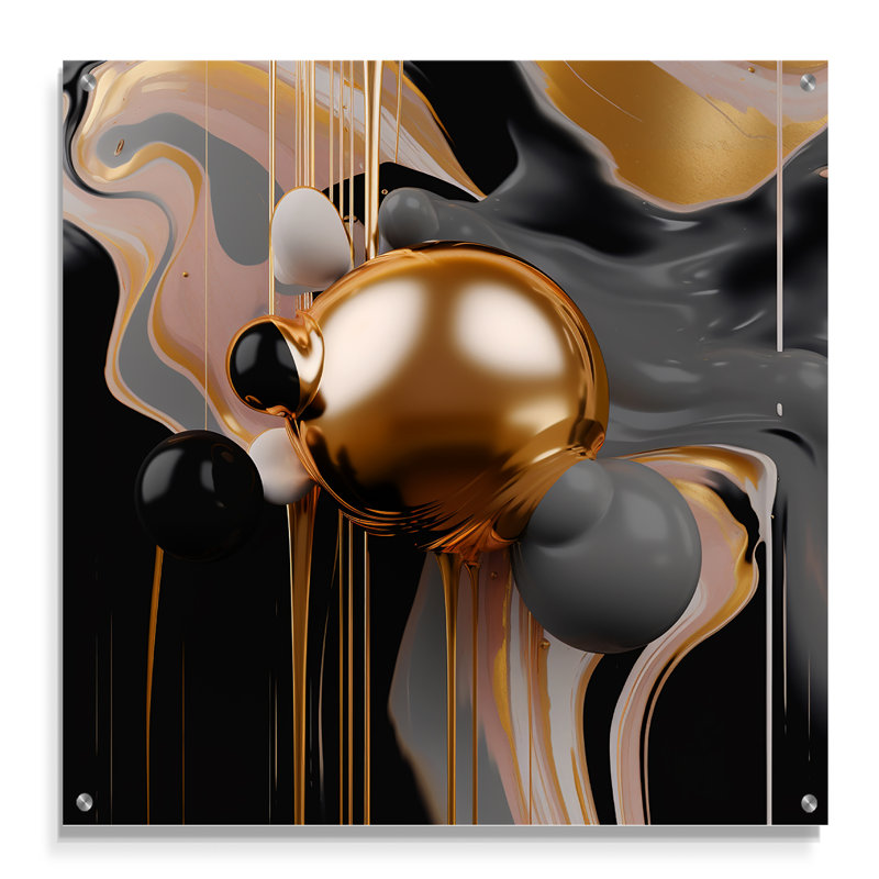 Art mural acrylique Lamekia Mystic II - formes abstraites et or, H 36 po x l 36 po