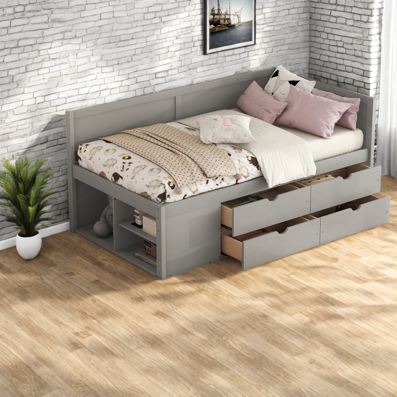 Lit de jour gris simple avec rangement et design moderne élégant
