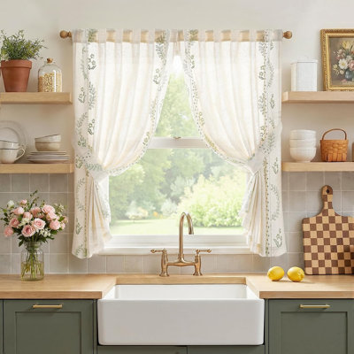 Rideaux de cuisine en lin à motifs floraux, 2 panneaux brodés, filtrant la lumière, à pattes de fixation, passe-tringle, style champêtre, rustique, café