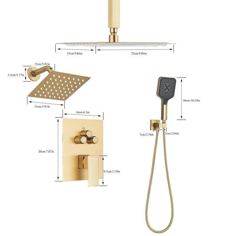 Système de douche thermostatique à 3 fonctions avec 3 jets de pluie à 3 fonctions Rainfall Symphony, Or brossé