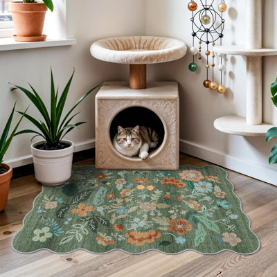 Hallway Washable Rug: Stain Resistant Floral Scalloped Rug for Kitchen Entryway Farmhouse Soft Carpet for Bathroom Bedroom Thin Laudry Living Room Floor Mat with Non Slip Backing