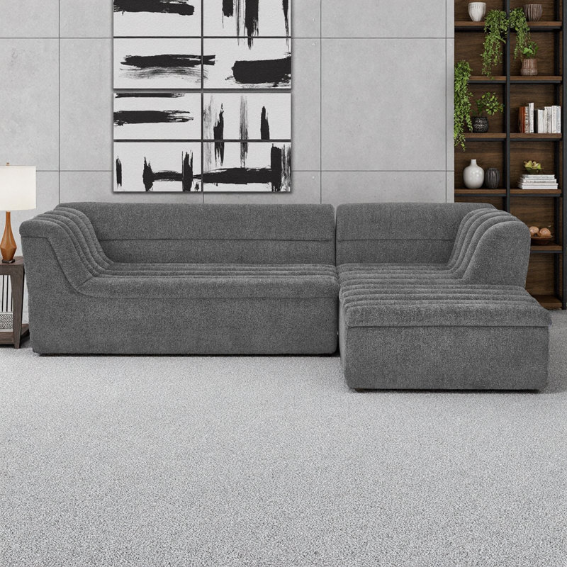 Modular L-Shaped Chenille Sofa & Chaise, 3-Seat Sectional with Square Arms, No Assembly, DARK GREY