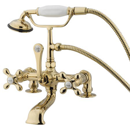 Robinet de baignoire à fixation sur plateau à poignée triple avec douche à main à pattes Hot Springs, Laiton poli