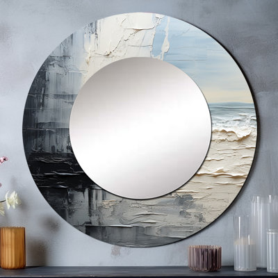 Romaysa abstrait crème et noir liquide peinture II - miroir côtier, miroir mural rond crème, art imprimé en métal