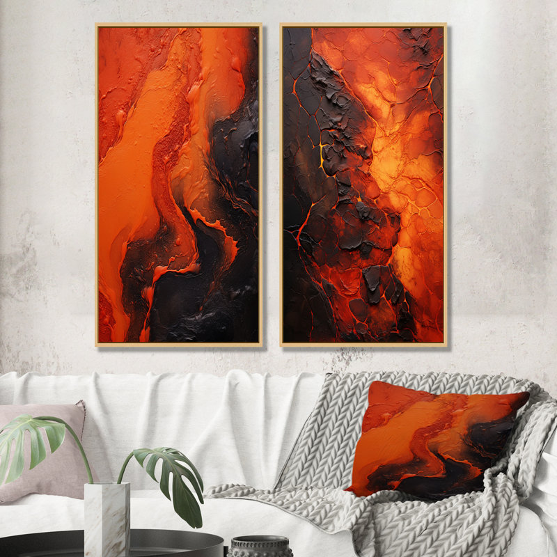 Volcanic Tachisme Fusion I - Tachisme, ensemble de 2 reproductions d'art sur toile, H 28 po x l 25 po, Cadre flottant brun