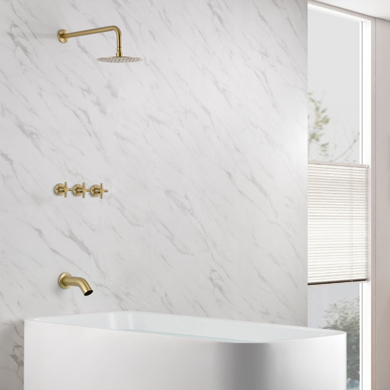 SUMERAIN Tub and Shower Faucet with Rough-in Valve, 3 Cross Handle Shower Faucet with Waterfall Spout, Brushed Gold